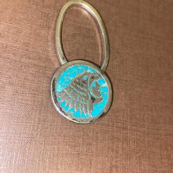 Vintage crushed turquoise inlay tribal key ring Mexico Taxco 925 - Picture 4 of 13